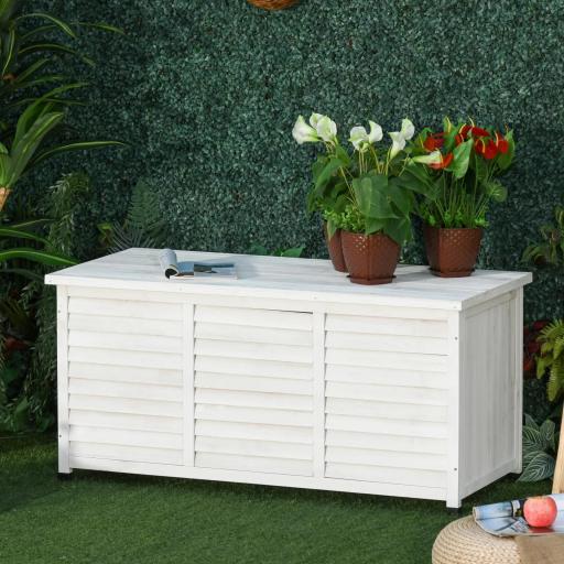 Baúl de Almacenaje Exterior 284L Arcón de Jardín de Madera Impermeable con Tapa Abrible y Diseño Persiana 127x56x60 cm Blanco