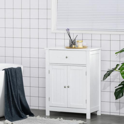 Armario de Baño con 1 Cajón 2 Puertas y Estante Interior Ajustable Mueble Auxiliar de Almacenaje Multifuncional para Salón Cocina Antivuelco 60x30x80 cm Blanco