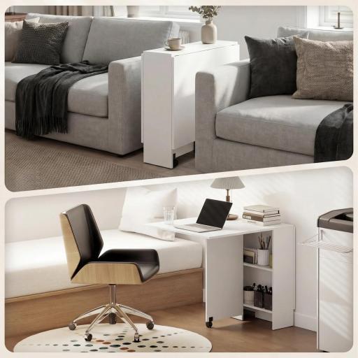 Mesa Plegable de Comedor con Ruedas Alas Abatibles y Estantes para 4-6 Personas 75x140x74 cm Blanco [7]