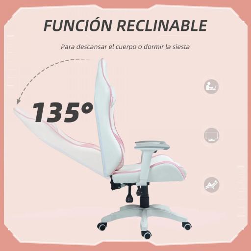 Silla Gamer con Cojín Lumbar Reposabrazos Ajustable Reposacabezas Extraíble y Altura Ajustable 67x60x120-128 cm Rosa [6]