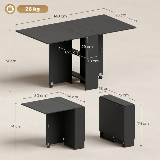 Mesa de Cocina Plegable con 2 Ruedas 2 Estantes de Almacenaje y 2 Alas Abatibles Estilo Moderno 75x140x74 cm Negro [1]