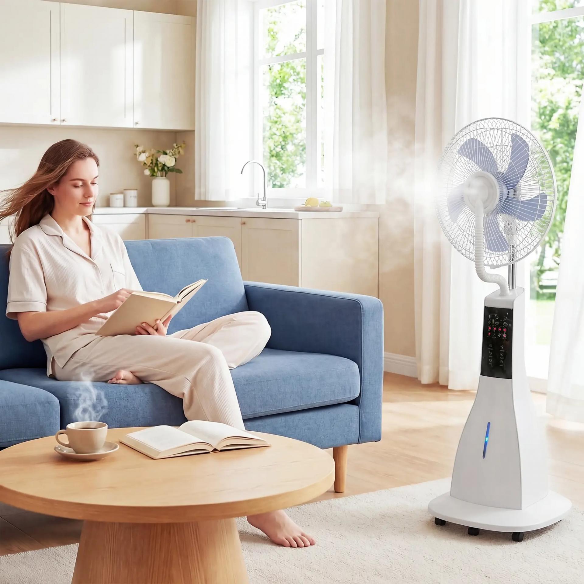 Ventilador Nebulizador 90W Oscilación de 75° 3 Velocidades 5 Aspas Depósito de Agua de 3L 5 Ruedas Control Remoto