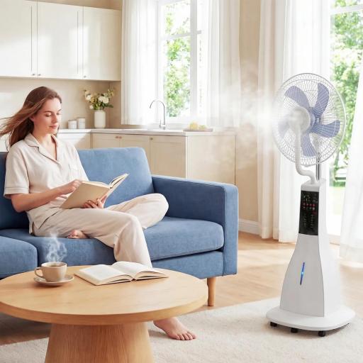 Ventilador Nebulizador 90W Oscilación de 75° 3 Velocidades 5 Aspas Depósito de Agua de 3L 5 Ruedas Control Remoto