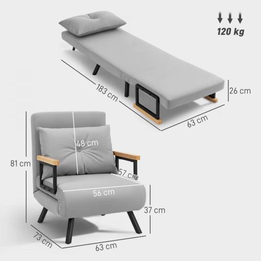 Sofá Cama Individual Plegable Sofá Cama Convertible 4 en 1 Respaldo Ajustable de 5 Niveles y Almohada 63x73x81 cm Gris [1]