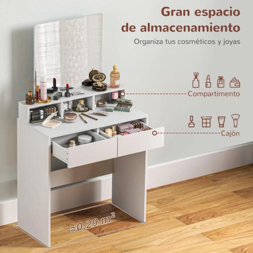Mesa de Maquillaje con Espejo 2 Cajones 3 Compartimentos Tocador para Dormitorio 75x38x135 cm Blanco [5]