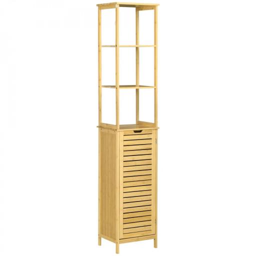 Estantería de Baño de Bambú Armario Alto para Baño con 3 Estantes y 1 Puerta Mueble Columna de Almacenaje 34x30x173 cm Natural [3]