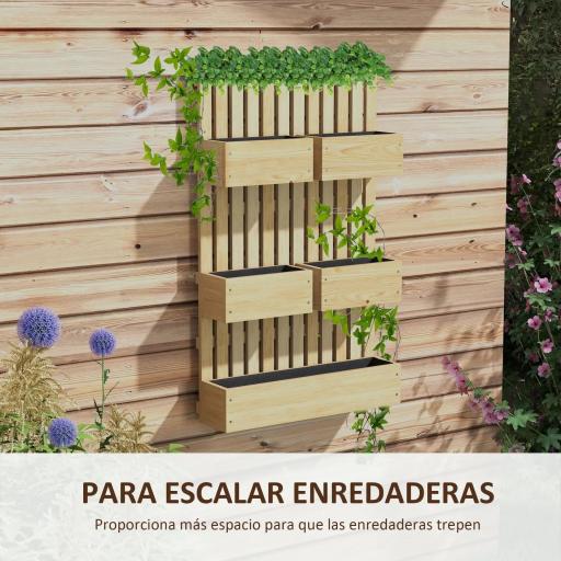 Jardinera de Pared de Madera con Enrejado y 5 Macetas Móviles para Jardín Terraza Patio 60x16x100 cm Natural [2]