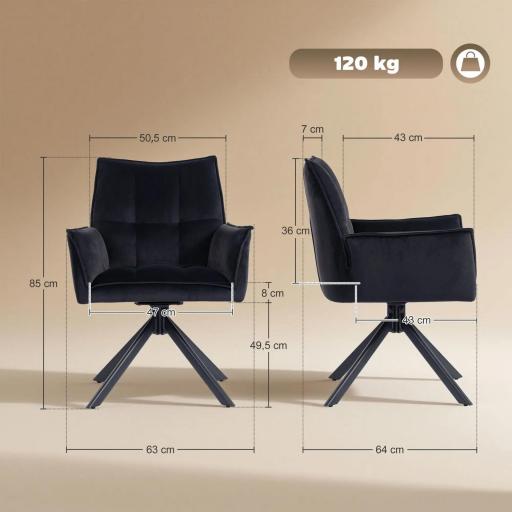 Pack de 2 Sillas de Comedor Giratorias con Reposabrazos Respaldo Acolchado Tapizado en Terciopelo Patas de Acero Negro [1]
