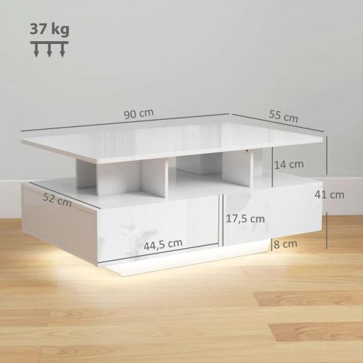 Mesa de Centro LED Moderna con 4 Cajones Estante Abierto y Luces LED de 16 Colores para Salón 90x55x41 cm Blanco Brillo [1]
