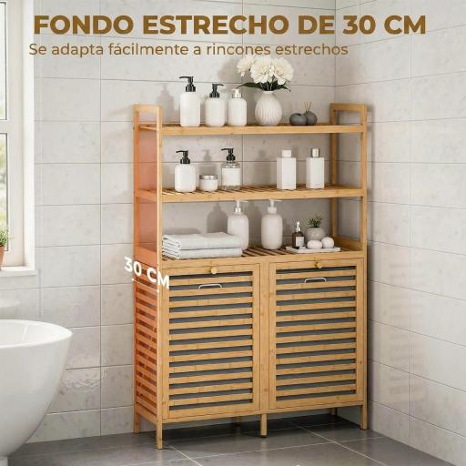 Mueble Ropa Sucia de Bambú con 2 Cestos para Ropa Sucia Inclinables 38,7 L y 3 Estantes 80x30x118 cm Roble [3]