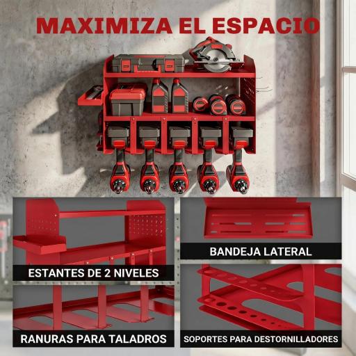 Organizador de Herramientas de Jardín Estante de Almacenamiento de Pared de 2 Niveles con Bandeja y Ganchos Rojo [2]