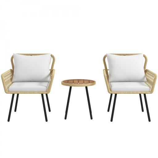 Juego de 3 Piezas Sillas y Mesa de Ratán PE con 2 Sillas 1 Mesa de Centro Redonda y Cojines para Terraza Balcón Natural [9]