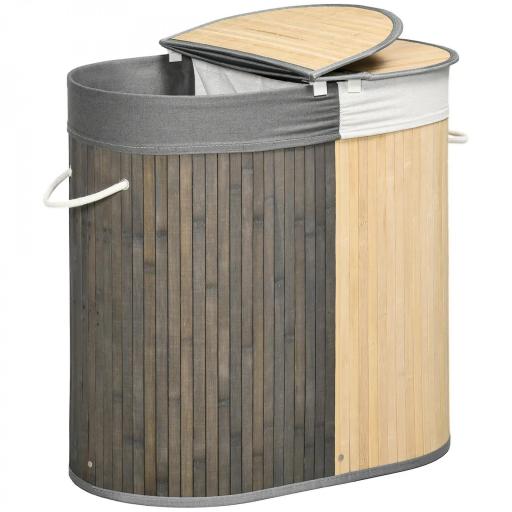 Cesto para Ropa Sucia de Bambú Capacidad de 100L Cesta para la Colada con 2 Compartimentos 62,5x37x60,5 cm Gris [8]