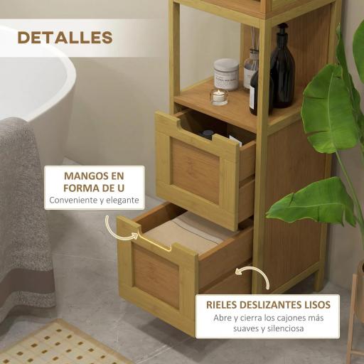 Armario Alto para Baño con 3 Estantes y 2 Cajones de Bambú Estilo Moderno 30x30x144,3 cm Natural [5]