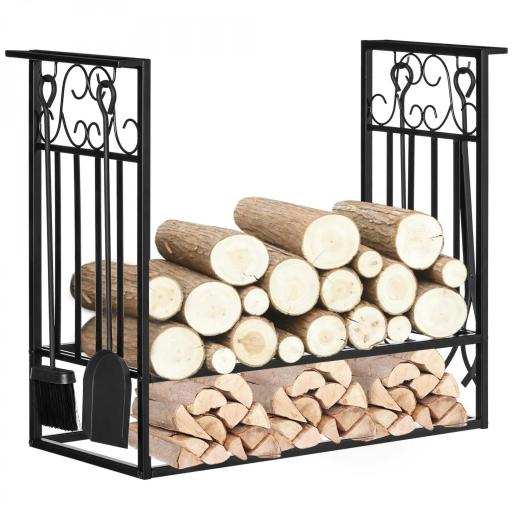 Estante para Leña de Chimenea 75x30x60 cm Soporte para Leña Tradicional Portaleña de Diseño Vintage con 4 Herramientas Base Elevada Carga Máx. 100 kg Acero para Interior y Exterior Negro [8]