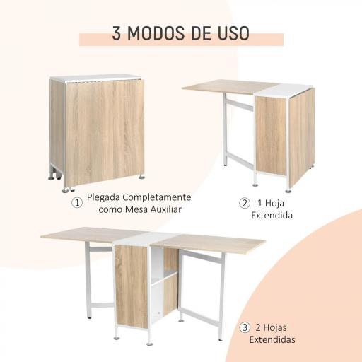 Mesa Plegable de Comedor, Mesa de Cocina Plegable, con Alas Abatibles, 4 Compartimentos, 3 Formas, Hasta 4 Personas, para Salón, Espacio Pequeño, 169x60x75 cm, Roble y Blanco [4]