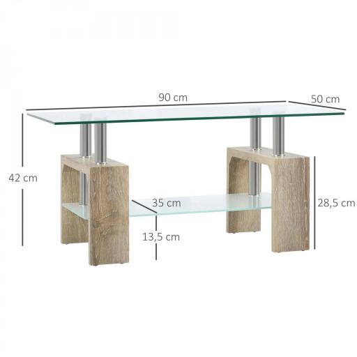 Mesa de Centro Rectangular de Vidrio con Estante Patas de Madera Estilo Moderno 90x50x42 cm Madera Natural [1]