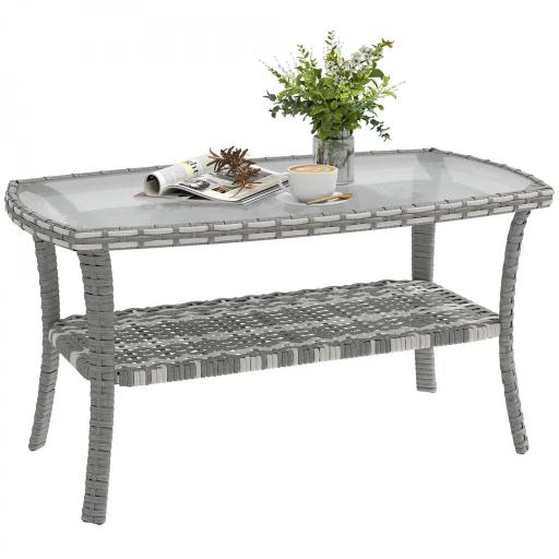 Mesa de Jardín Exterior Rectangular de Ratán con Estante Tablero de Vidrio Templado con Ondas 90x50x45 cm Gris Oscuro [9]