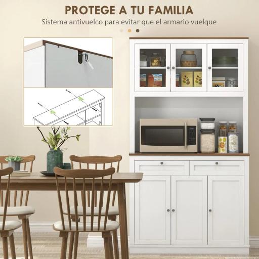 Armario de Cocina con 3 Puertas de Vidrio Compartimento Abierto 2 Cajones y Estantes Ajustables 100x40x180 cm Blanco [6]