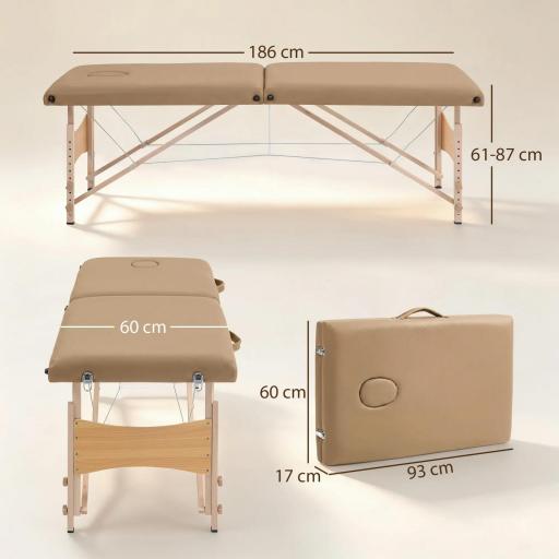 Camilla de Masaje Plegable con Marco de Madera con Altura Regulable y Bolsa de Transporte 186x60x61-87 cm Marrón [1]