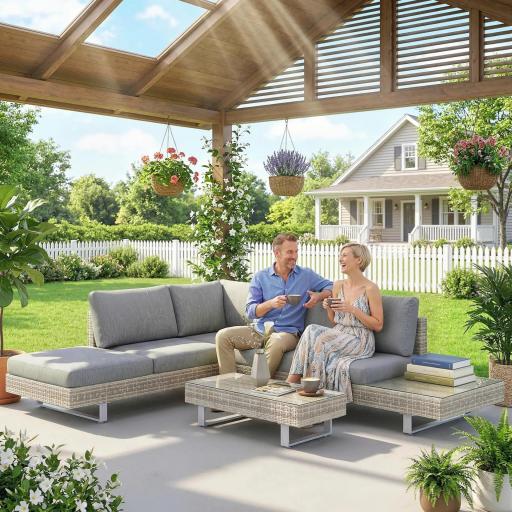 Conjunto de Jardín Exterior de Ratán de 3 Piezas con Sofá Modular de 3 y 2 Plazas Mesa Lateral Mesa de Centro Cojines [7]