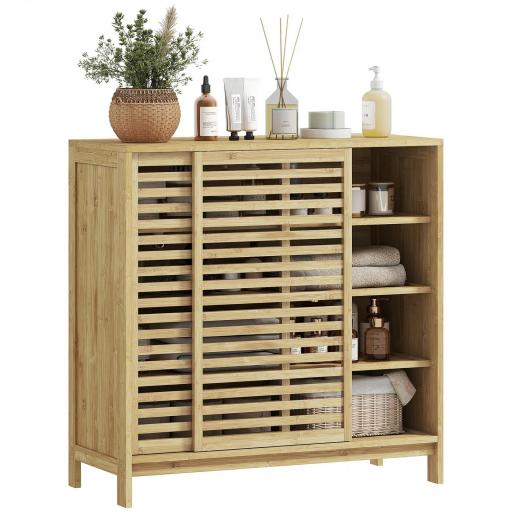 Armario de Baño de Bambú con 2 Puertas Correderas Diseño de Lamas 4 Estantes Mueble Auxiliar de Baño 80x34x80 cm Natural [9]