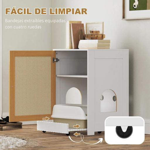 Mueble Arenero para Gatos con Bandeja Extraíble Compartimentos y Tapete para Rascar 57x50x80,5 cm Blanco y Roble [3]