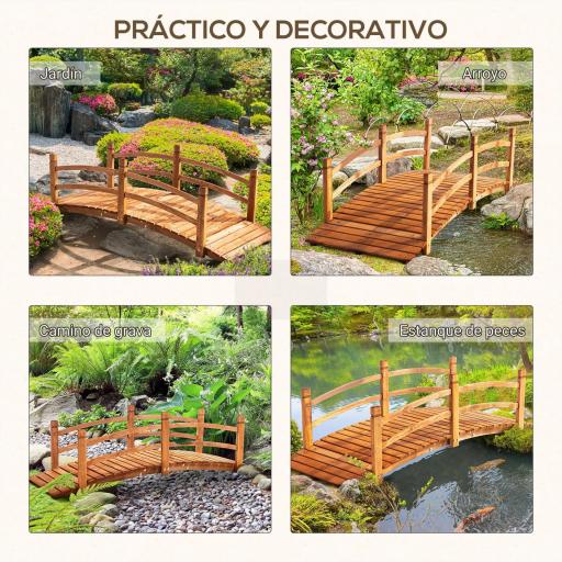 Puente de Arco de Madera 185x72x58 cm con Pasamanos Puente de Jardín para Decoración Patio Carga 200 kg Natural [4]