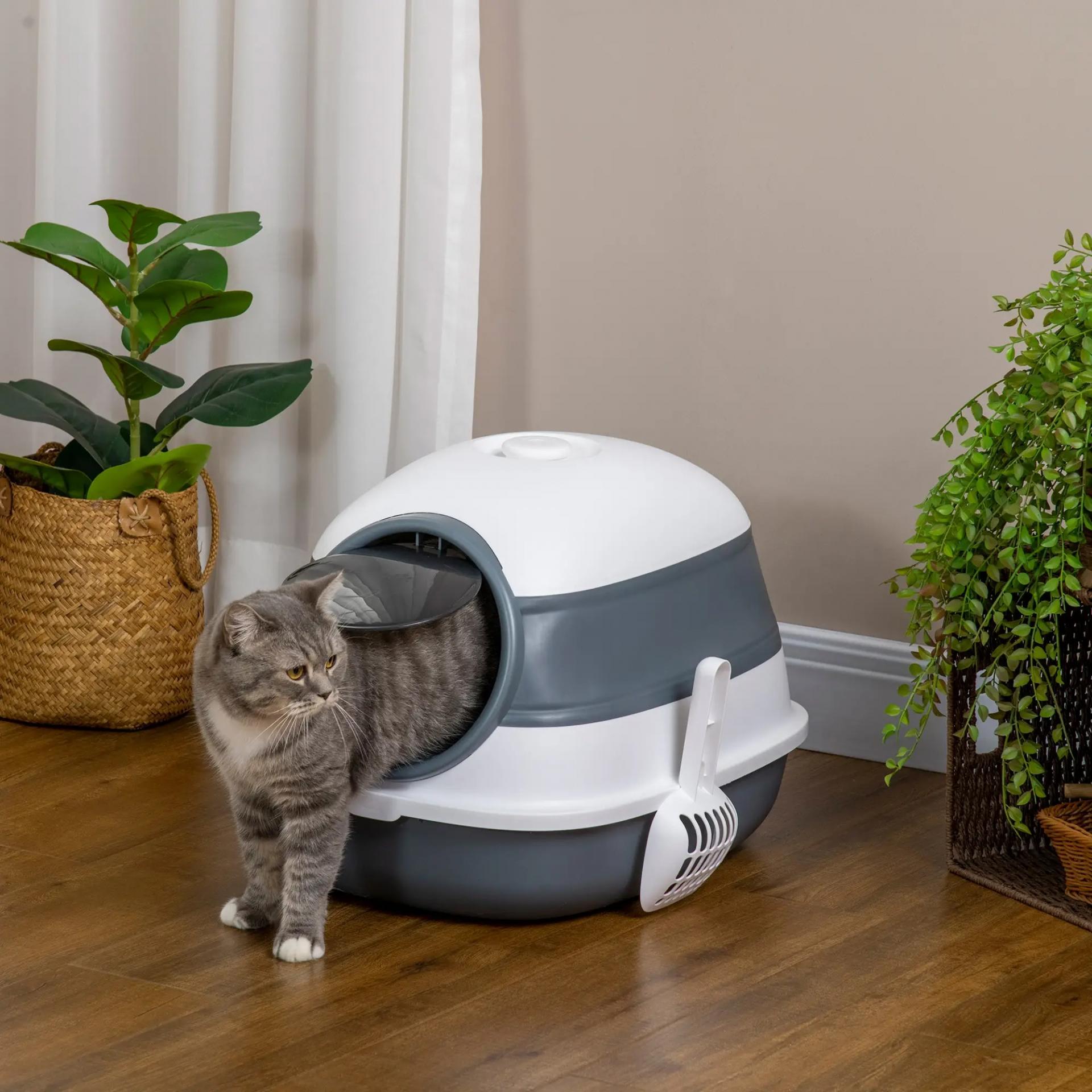 Caja de Arena para Gatos Plegable Arenero Cerrado para Gatos con Pala 52x41x38 cm Blanco y Gris