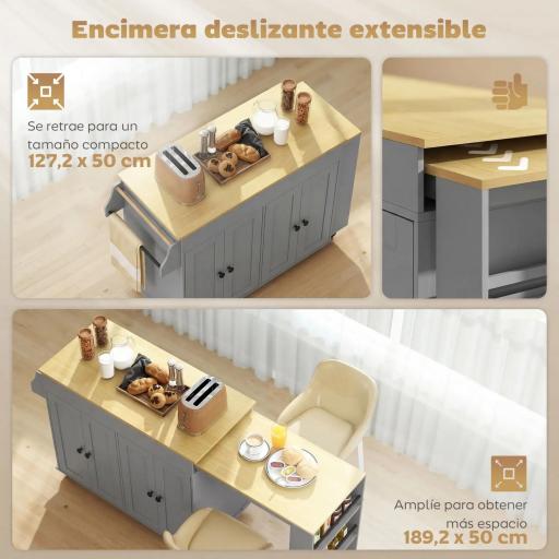 Isla de Cocina con Ruedas Encimera Extensible 4 Puertas Estantes Ajustables Especiero y Soporte para Toallas Gris [2]