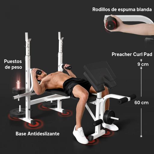 Banco de Musculación Inclinable con Soporte para Barra Ajustable Extensión de Piernas y Curl de Predicador para Gimnasio [4]