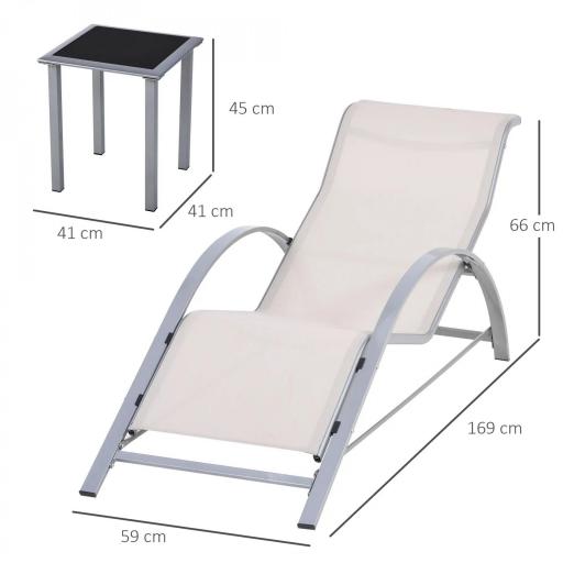 Set de 2 Tumbonas Jardín Exterior con Mesa Auxiliar de Vidrio Templado Tumbonas con Respaldo Reposabrazos para Patio Piscina Terraza Exterior Beige [1]