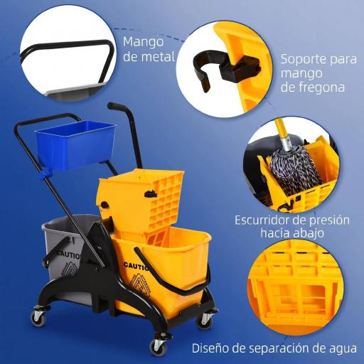 Cubo de Fregona 26 L con Ruedas Sistema de Escurridor Asa de Transporte y Doble Cubetas 78x45x95 cm Multicolor [2]