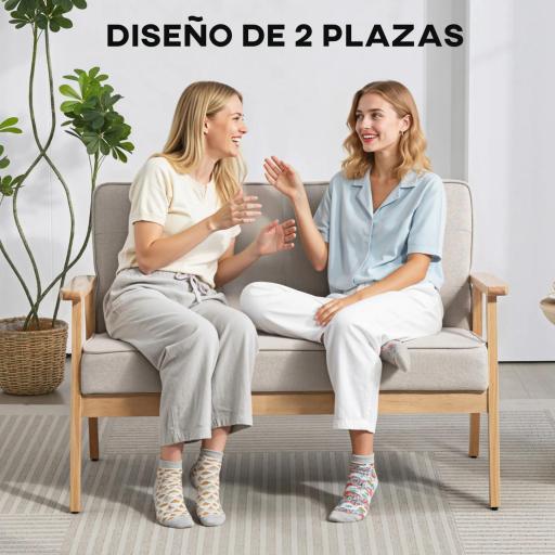 Sofá de 2 Plazas Tapizado en Lino Sintético Sofá Nórdico con Patas y Reposabrazos de Madera 113x67x78 cm Beige [4]