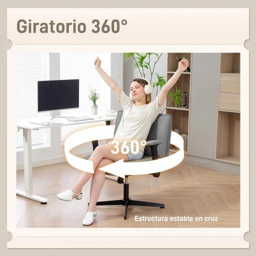 Silla de Oficina Piernas Cruzadas con Reposabrazos Abatible Asiento Ancho sin Ruedas Altura Ajustable Giratoria Gris [5]