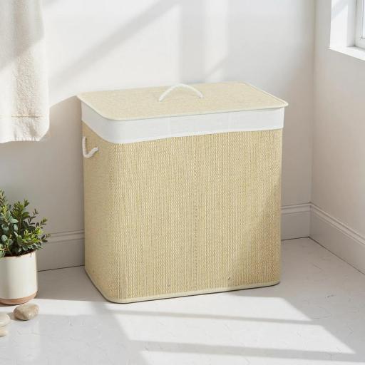 Cesto de Ropa Sucia de Bambú con 1 Compartimento Asas para Facilitar el Uso y Bolsas Desmontables Lavables 60x40x60 cm [7]
