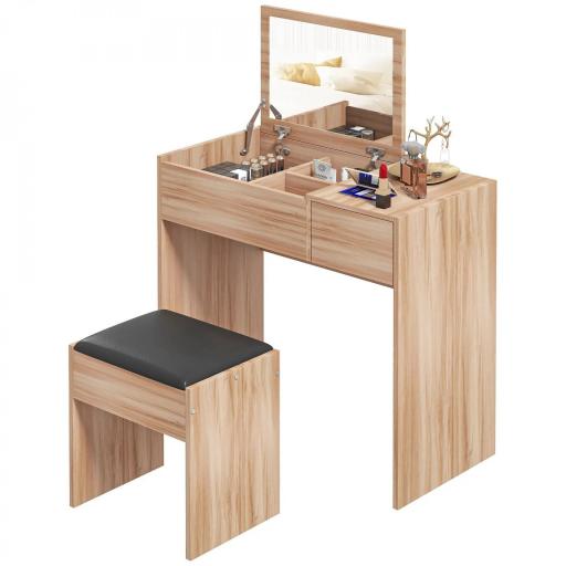 Tocador Compacto con Espejo Abatible y Cajones y Taburete Estilo Minimalista Escritorio Pequeño 80x40x79cm Madera Natural [9]