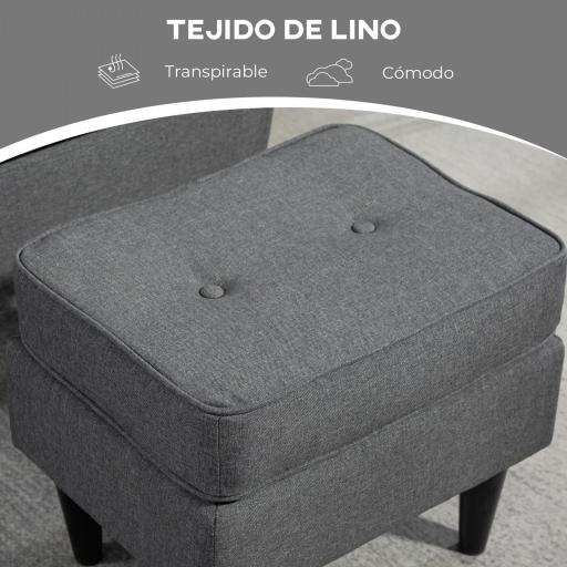 Sillón con Reposapiés Respaldo Alto Capitoné Patas de Madera Almohada Acolchada y Tapizado en Lino Gris [4]