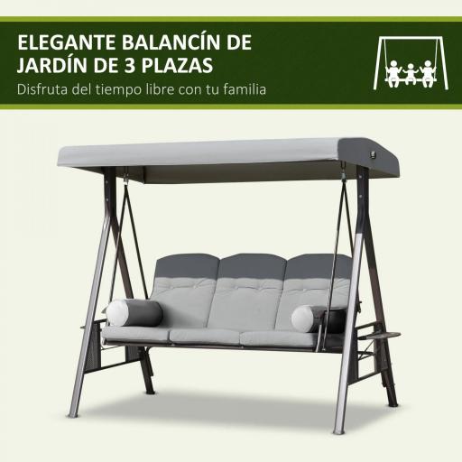 Columpio de Jardín de 3 Plazas con Estructura Metálica Toldo y Bandeja para Bebidas para Exterior 116x206x183 cm Gris [3]
