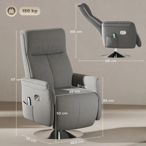 Sillón de Masaje Eléctrico con Reposapiés Sillón Relax Giratorio y Reclinable con Mando 68,5x77x117 cm Gris [2]