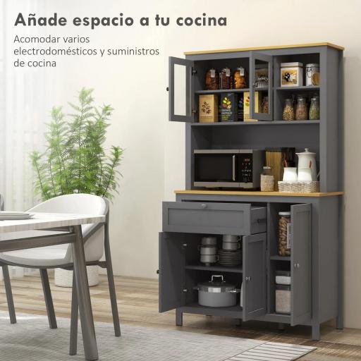 Alacena de Cocina Mueble Auxiliar de Cocina con 5 Puertas Estante Ajustable y Encimera de Microondas 100x40x180cm Gris [3]