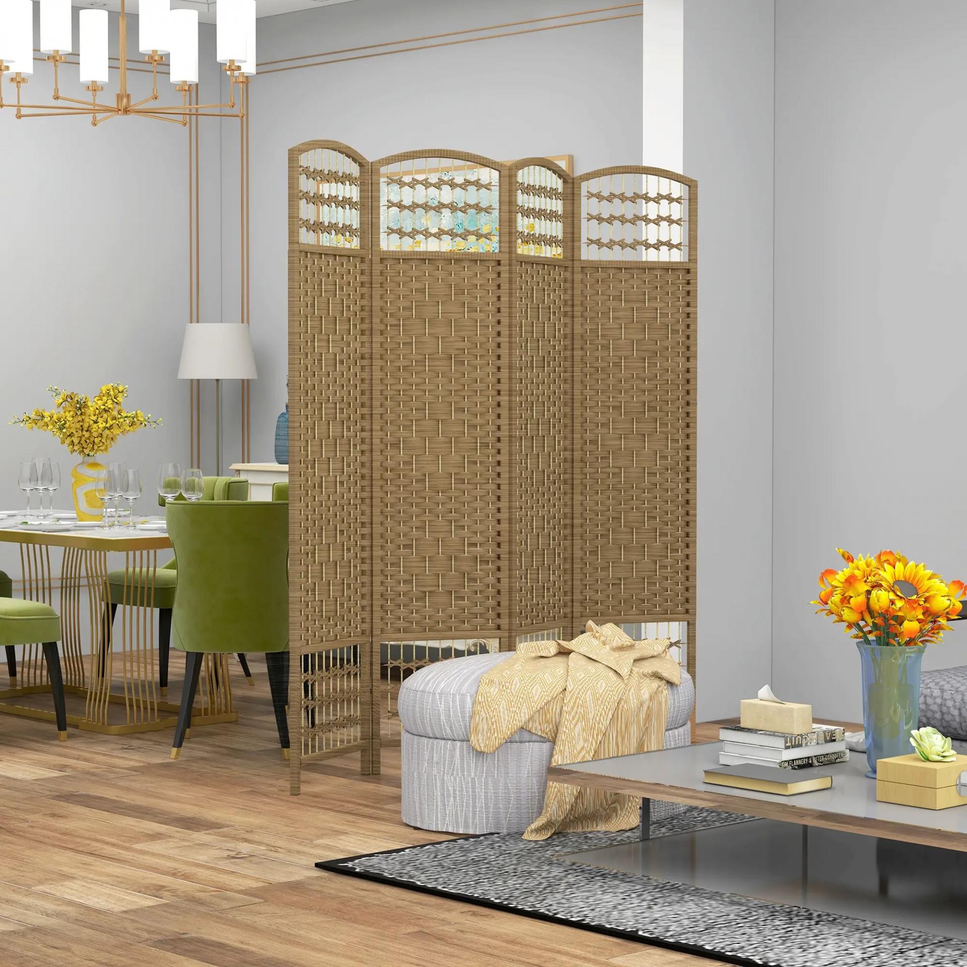 Biombo Separador de Ambientes de 4 Paneles Plegable de Cuerda de Papel 160x170cm Decoración para Dormitorio Natural