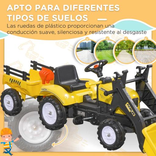 Tractor a Pedales para Niños de 3 Años Excavadora Infantil con Remolque Extraíble y Pala Delantera 167x41x52 cm Amarillo [2]