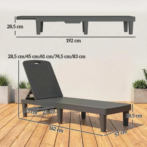 Conjunto de 2 Tumbonas Reclinables de Plástico PP con Bandeja Lateral Respaldo Ajustable 5 Niveles 192x57x28,5 cm Gris [1]
