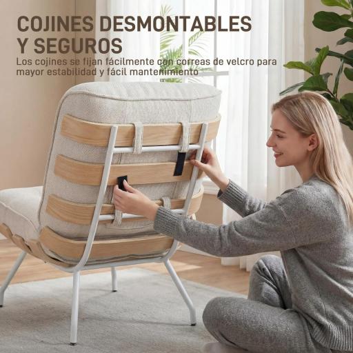 Butaca de Salón Tapizada en Lino con Asiento Acolchado Soporte con Listones Estructura de Acero Crema [2]