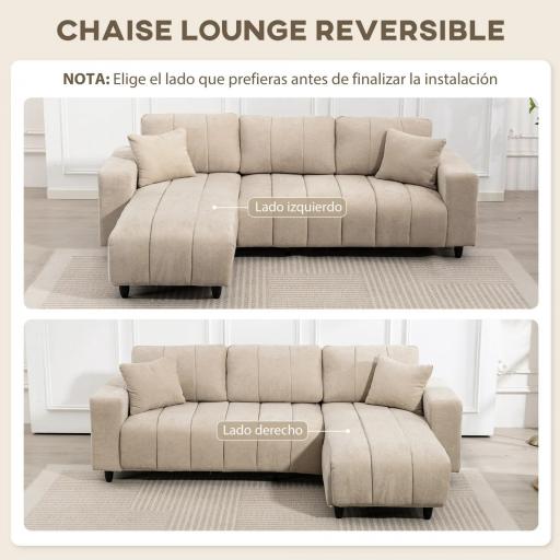 Sofá Chaise Longue Reversible de 3 Plazas 2 Almohadas Tapizado en Lino Marco de Acero 242x156x87 cm Beige [5]