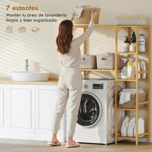 Estantería para Lavadora de Bambú Mueble para Lavadora o Inodoro con Estantes Reversibles y Ajustables Madera Natural [4]