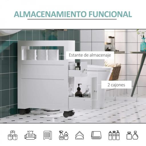 Mueble de Baño 2 Cajones Ahorra Espacio con 4 Ruedas 16x52x71,5 cm Blanco [6]