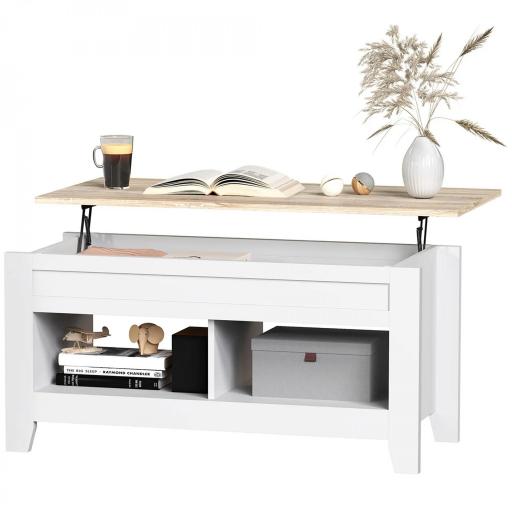 Mesa de Centro Elevable con Encimera Elevable y Espacio Oculto de Almacenaje 105x50x49 cm Blanco y Natural [9]