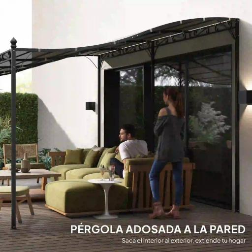 Pérgola de Pared 3x6 m con Techo Inclinado Orificios de Drenaje y Estructura Metálica Gris Oscuro [4]